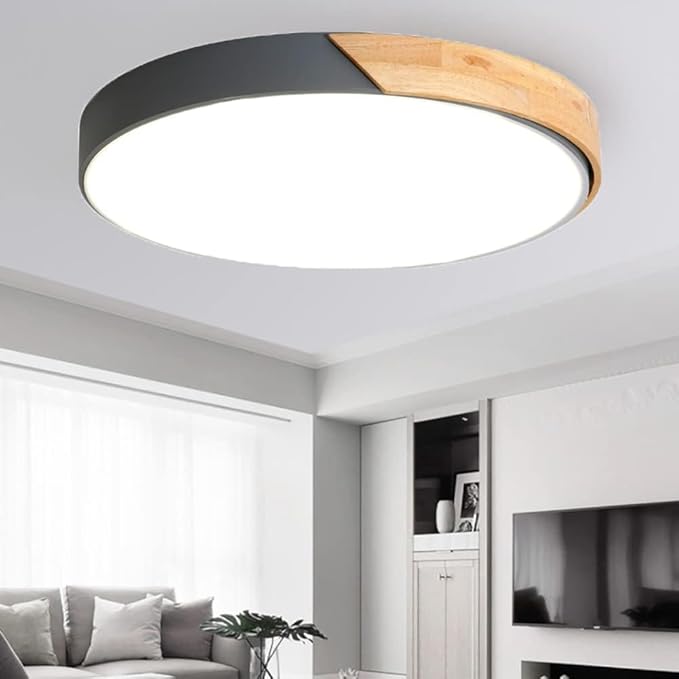 LED Ceiling Light Fixture,10 Inch Modern Wood Recessed Ceiling Lights, Dimmable Light,Grey 12W Close to Ceiling Lighting Flush Mount Living Room Bedroom,3000K-6000K