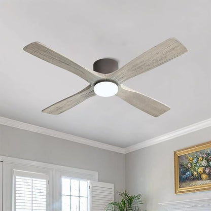 WINGBO 54 Inch Flush Mount DC Ceiling Fan with Lights and Remote, 4 Reversible Carved Wood Blades, 6-Speed Noiseless DC Motor, Hugger Ceiling Fans in Graphite Finish with Barn Wood Blades