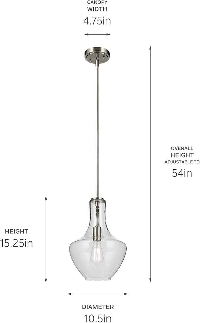 Kichler Everly 1-Light Bell Pendant Light with Clear Seeded Glass in Brushed Nickel, Modern Kitchen Island Hanging Light Fixture for Dining Room or Home Bar (15.25" x 10.5"), 42141NI