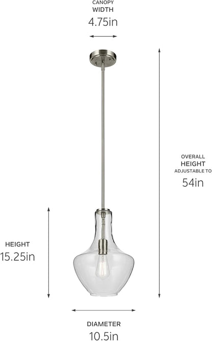 Kichler Everly 1-Light Bell Pendant Light with Clear Seeded Glass in Brushed Nickel, Modern Kitchen Island Hanging Light Fixture for Dining Room or Home Bar (15.25" x 10.5"), 42141NI