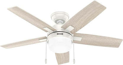 Hunter 44 inch Indoor Ceiling Fan with LED Light - White Ceiling Fan with Pull Chain, for Bedroom or Living Room, Standard Mount, No Remote, 5 Blades, Includes Bulbs - Anisten 52488, Fresh White