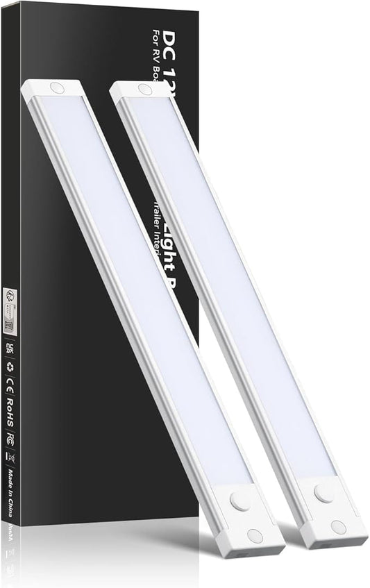 acegoo RV Dimmable Under Cabinet LED Lighting 12V Linear Light Bar with Integral On Off Dimming Switch & Red Night Light, Screw Mount Hard-Wired for RV Van Truck Motorhome (12 Inches Warm White 2Pcs)