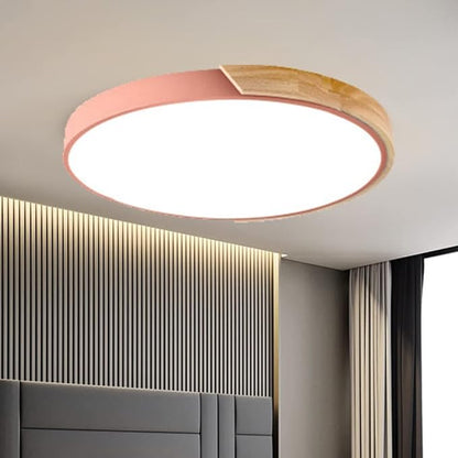 LED Ceiling Light Fixture,12 Inch Modern Wood Recessed Ceiling Lights, Dimmable Light,Pink 24W Close to Ceiling Lighting Flush Mount Living Room Bedroom,3000K-6000K
