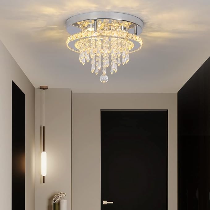 Deckrico Modern K9 Crystal Chandelier 3 LED Lights Stainless Steel Pendant Lamp Flush Mount Light Fixtures for Dining Room Bathroom Bedroom Living Room (Warm White)