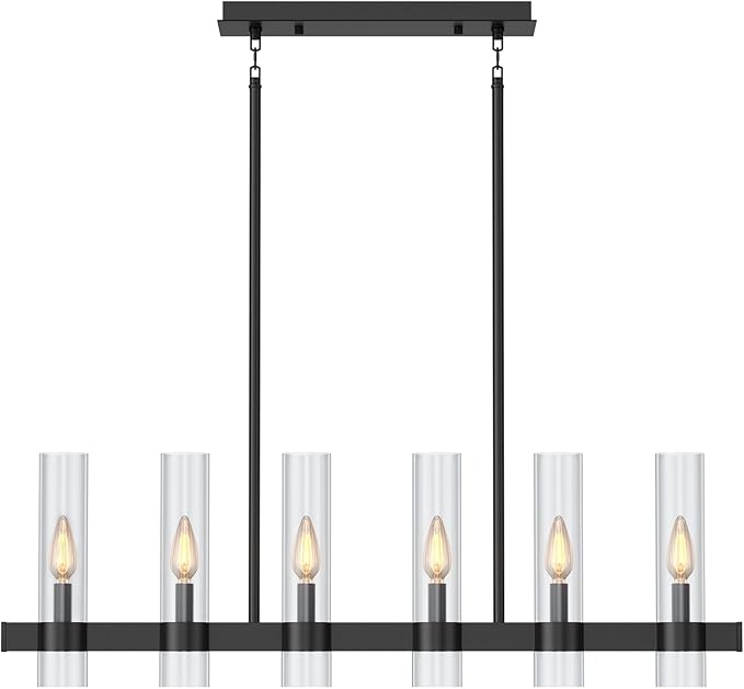 Island Lights for Kitchen,6-Light Modern Farmhouse Chandeliers for Dining Room,Large Linear Pendant Light Fixtures,Adjustable Height Hanging Dining Room Chandelier Over Table,Clear Glass Shade