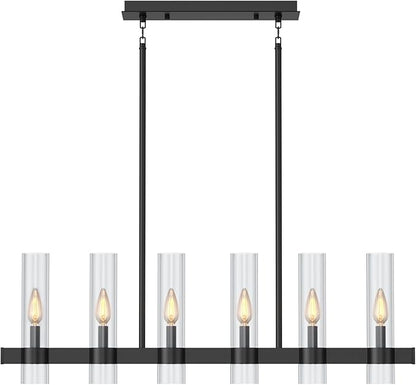 Island Lights for Kitchen,6-Light Modern Farmhouse Chandeliers for Dining Room,Large Linear Pendant Light Fixtures,Adjustable Height Hanging Dining Room Chandelier Over Table,Clear Glass Shade