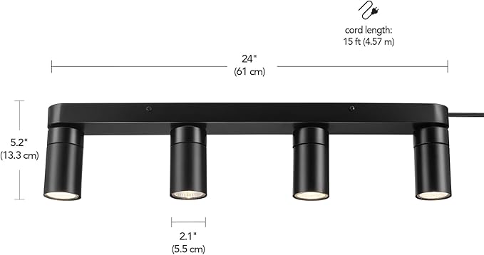 Globe Electric Plug-in Track Lighting, 4-Light Adjustable Track Bar, Matte Black 24-Inch Fixture with 15-Foot Cord, Modern Ceiling Light for Apartments & Rentals