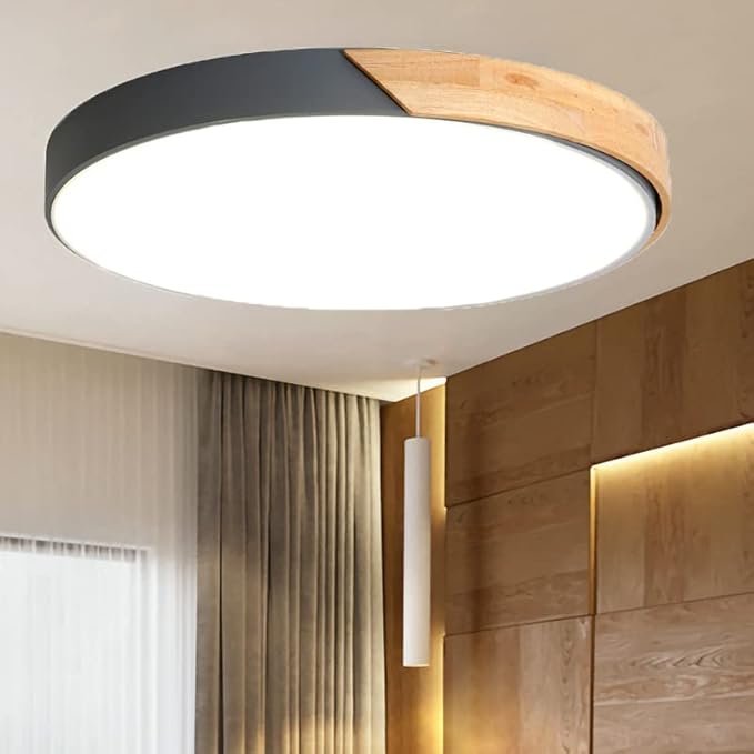 LED Ceiling Light Fixture,12 Inch Modern Wood Recessed Ceiling Lights,Dimmable Light,Grey 24W Close to Ceiling Lighting Flush Mount Living Room Bedroom,3000K-6000K