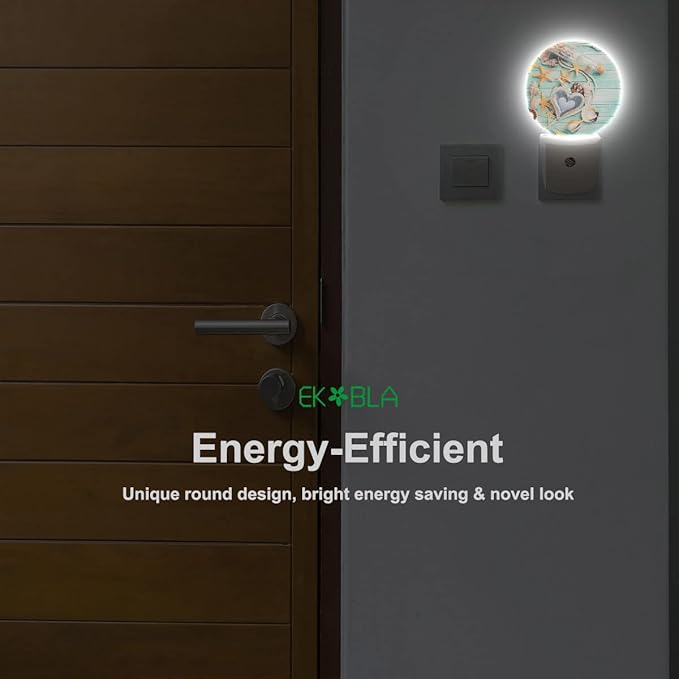 EKOBLA Beach Plug-in Night Light, Seashell & Starfish on Wood Coastal LED Nightlight with Auto Sensor for Bathroom & Home Decor
