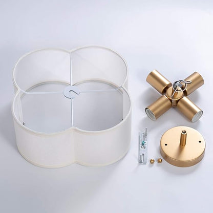 VILUXY Modern Flush Mount Ceiling Light Fixture Farmhouse White Fabric Semi Ceiling Lamps with Gold 4 Lights Drum Shade for Bedroom Dining Room Entryway Hallway Nursery