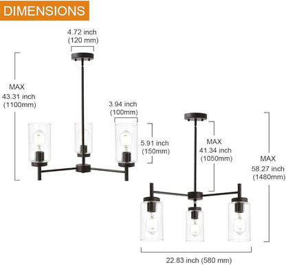 Contemporary 3-Light Chandeliers Rustic Clear Glass Shades Pendant Lighting Oil Rubber Bronze Dining Room Lighting Fixtures Hanging Adjustable Wire Semi Flush Ceiling Lights