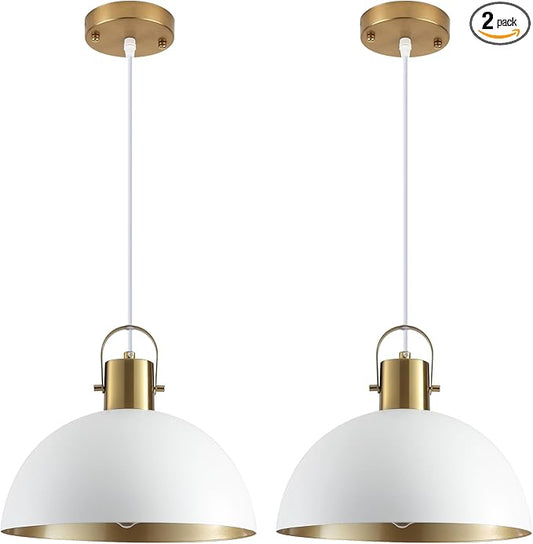 White and Gold Pendant Light 2 Pack, 11.8 Inch Pendant Lights Kitchen Island, Dome Pendant Lights, Farmhouse Pendant Light for Kitchen Island, Dining Room, Living Room