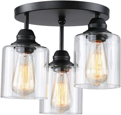 3-Lights Industrial Semi Flush Mount Ceiling Light, Vintage Light Fixture with Clear Seeded Glass Shade