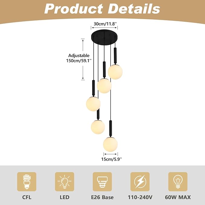 KCO Lighting 5 Light Cluster Pendant Lighting White Globe Chandelier Light Fixture Large Milk Glass Chandelier Matte Black Stairway Hanging Lighting Multi Pendant Hanging Light Fixture