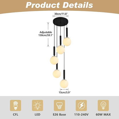 KCO Lighting 5 Light Cluster Pendant Lighting White Globe Chandelier Light Fixture Large Milk Glass Chandelier Matte Black Stairway Hanging Lighting Multi Pendant Hanging Light Fixture