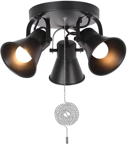 3-Light Industrial Track Lighting with Pull Chain On/Off Switch, Adjustable Round Kitchen Ceiling Light, Morden Black Flush Mount Directional Light for Kitchen, Hallway, Dining Room, Bathroom