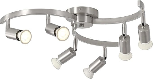 6 Light Track Lighting Fixtures Ceiling, Flexibly Rotatable Light Heads, Nickel Semi Flush Mount Ceiling Light for Kitchen Dining Room Living Room.Gu10 Bulb Base.