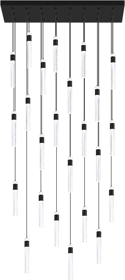 Glam Rectangular Crystal Column Chandelier for High Ceiling 24-Lights Black LED Dimmable Long Crystal Chandelier for Foyer Living Room Adjustable Height