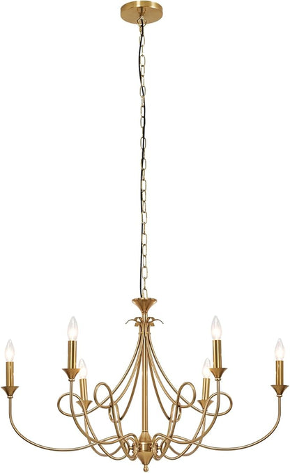 6-Light Modern Chandelier 36.6" Brass Candle Chandeliers Metal Gold Pendant Light Fixture for Dining Room Living Room Kitchen Island Foyer Entryway, E12 Base