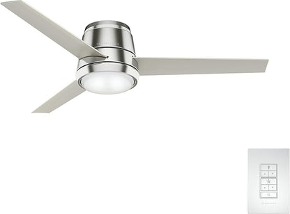 Casablanca 54 inch Indoor Ceiling Fan with LED Light - Low Profile Flush Mount Ceiling Fan for Bedroom, Living Room, or Kitchen, Wall Control, 3 Blades, Includes Bulb - Commodus 59573, Brushed Nickel