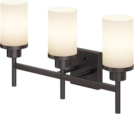 Vanity Lighting Fixtures Oil Rubbed Bronze 3-Light with White Frosted Glass Shade, Wall Sconces for Bathroom Cabinet Porch Kitchen T001ORB-L3