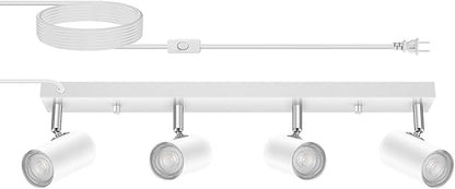 AUQUEE 4 Light Track Lighting Kit,White 4 Way Modern Plug in Ceiling Spotlight,Industrial LED Wall Light for Kitchen Cabinet Gallery Bar Hallway Living Room,Rocker Switch,15 Foot Cord(No Bulb)