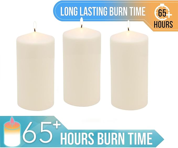 Stonebriar Unscented Pillar Candles – 65 Hour Burn Time, Long-Lasting Wax Candles for Weddings, Holidays, Home Décor & Special Events, Pack of 3, Ivory, 3" x 6"