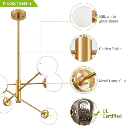 Sputnik Chandelier, Gold Modern Chandeliers, Mid Century Ceiling Lighting Fixture 6-Lights with Milk White Glass Shade for Living Room, Kitchen, Bedroom, Dining Room, and Farmhouse