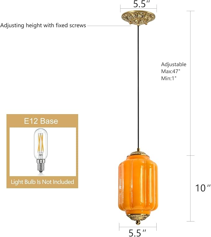 Milk Glass Pendant Light, 5.5 Inch Yellow Adjustable Cord Hanging Lamp, Dimmable E26 Base Vintage Pendant Light Fixture for Bedroom Bathroom Entryway
