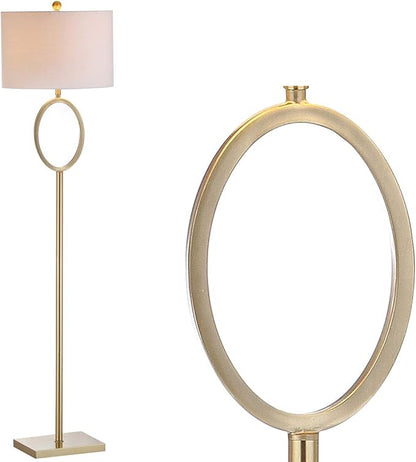 JONATHAN Y 61" Brass Gold Metal LED Floor Lamp for Living Room Modern Hoop Design Standing Lamp, White Linen Drum Shade, Bedroom Home Office, LED Bulb Included JYL1089A