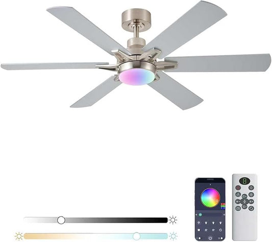 52in Ceiling Fans with Lights RGB Ceiling Fan with Light and Remote/APP Control,Low Profile Ceiling Fans with Lights for Bedroom,Living Room,Kids Room,3CCT Dimmable Modern Ceiling Fan, 6 Speeds,Nickel