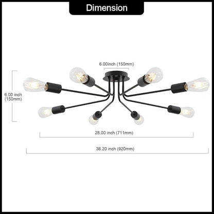 Vintage 8 Light Ceiling Light Industrial Metal Black Sputnik Semi Flush Mount Light for Dining Room Living Room Kitchen