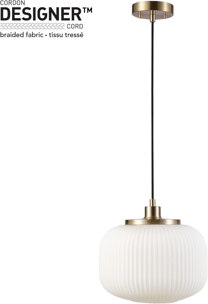 Globe Electric 65842 1-Light Pendant Lighting, Matte Brass, Frosted Ribbed Glass Shade