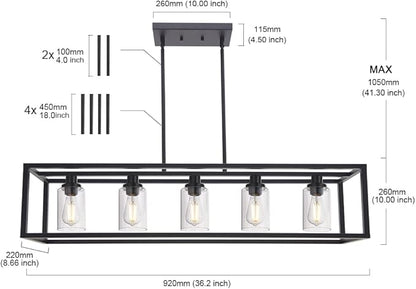 MELUCEE 36.2 Inches Length Industrial Chandelier for Kitchen Island, 5-Light Rectangle Dining Room Lighting Fixtures Hanging Black Finish, Farmhouse Pendant Light Open Metal Frame with Clear Glass