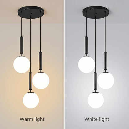 Modern Black Pendant Light Hanging Fixture Light for Kitchen Island Mid Century with Globe Pendant Light Milk White Glass Pendant Lighting for Living Room Bedroom Entryway (3 Lights)