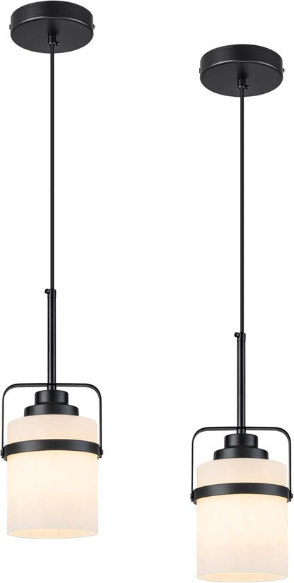 Modern Black Pendant Lights Kitchen Island Light, Adjustable Hanging Light Fixture with Milk Glass Shade, Farmhouse Pendant Light for Dining Room Bar Over Sink/Table/Counter, 2 Pack