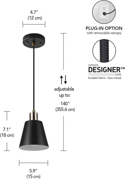 GLOBE Electric 67000153 1-Light Plug-in or Hardwire Pendant Light Fixture, Matte Black, Brass Accents, Living Room Pendant Light, Dining Room Fixture, Hanging Lamp, Hanging Lights for Bedroom