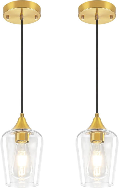 2-Pack Brushed Gold Pendant Lights Kitchen Island, Modern Glass Pendant Lighting Over Island Kitchen Hanging Light Fixtures Hallway Pendant Lights for Bathroom Dining Room Entryway Foyer Bedroom
