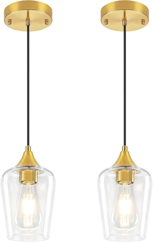 2-Pack Brushed Gold Pendant Lights Kitchen Island, Modern Glass Pendant Lighting Over Island Kitchen Hanging Light Fixtures Hallway Pendant Lights for Bathroom Dining Room Entryway Foyer Bedroom