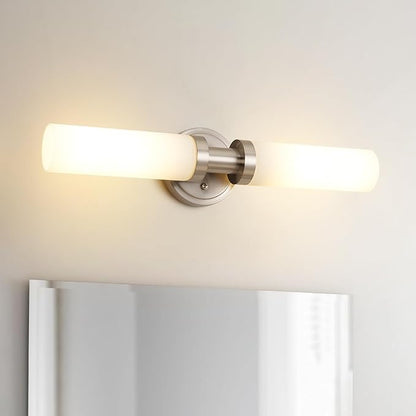 SANTOSTOCK Brushed Nickel Bathroom Light Fixtures, 2-Light Vanity Lights W/White Glass Shade, Modern Sconces Wall Lighting for Mirror Kitchen Bedroom Hallway Living Room, E26 T10 Bulbs(Excluded)