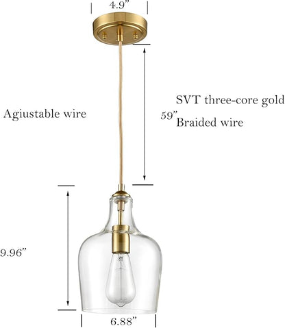 HYDELITE Modern Brushed Gold Pendant Light Fixtures Clear Glass Adjustable Cord Hanging Light for Living Room Kitchen Island Chandelier with Bell Shape