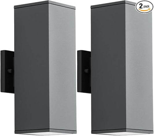 mirrea 14" Modern Outdoor Porch Light Patio Light in 2 Lights with Aluminum Rectangular Tube and Tempered Glass Cover Waterproof Wall Sconce 2 Pack (Matte Gray)