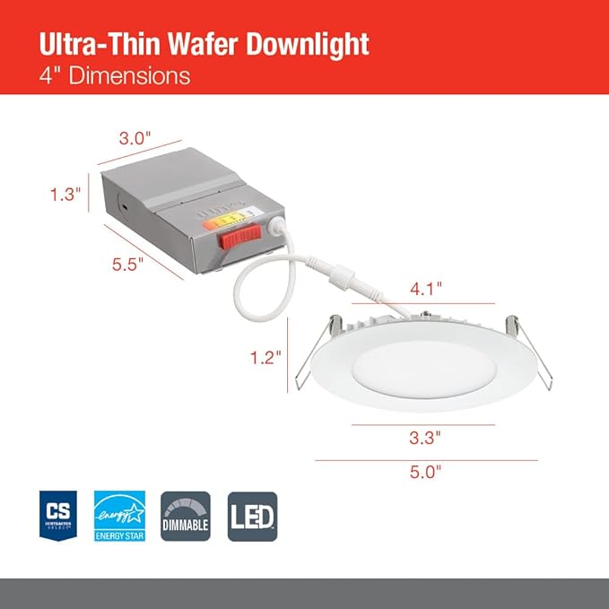 Juno LED Recessed Lights 4 Inch Round Wafer Downlight, 5-in-1 Switchable White Color Temperature, 120 Volts, 4-Inch Ultra-Thin Flat Trim, Matte White (24-Pack)