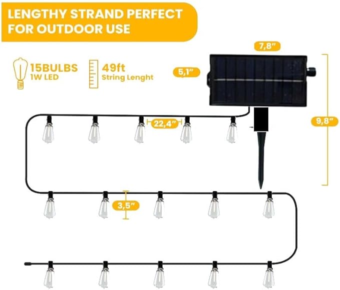 Regalosonline Solar String Lights for Outside - 15+2 Spare LED Bulbs Patio Lights with Remote Control, USB Port & Waterproof Outdoor (Warm White)