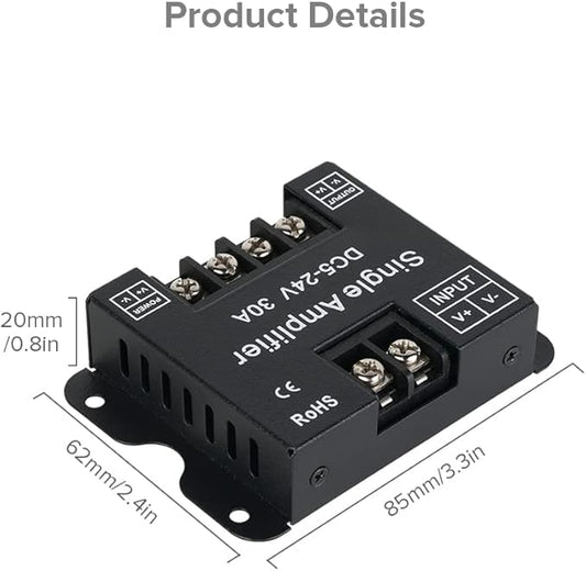 BTF-LIGHTING COB FCOB 2835 3014 3528 5050 1 Channel Signal Amplifier Controller Work with V- V+ Single Color 2Pin LED Strip Suitable for Long Distance Light Projects DC5V DC12V DC24V Max 30A