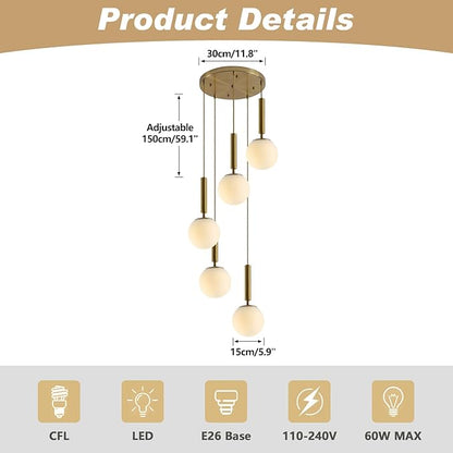 KCO Lighting 5 Light Globe Chandelier Gold Cluster Pendant Light Fixture Modern Milk Glass Chandelier Large Round Kitchen Island Pendant Lighting Contemporary Chandeliers for Foyer Entryway