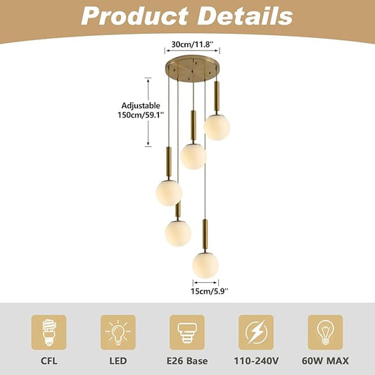 KCO Lighting 5 Light Globe Chandelier Gold Cluster Pendant Light Fixture Modern Milk Glass Chandelier Large Round Kitchen Island Pendant Lighting Contemporary Chandeliers for Foyer Entryway