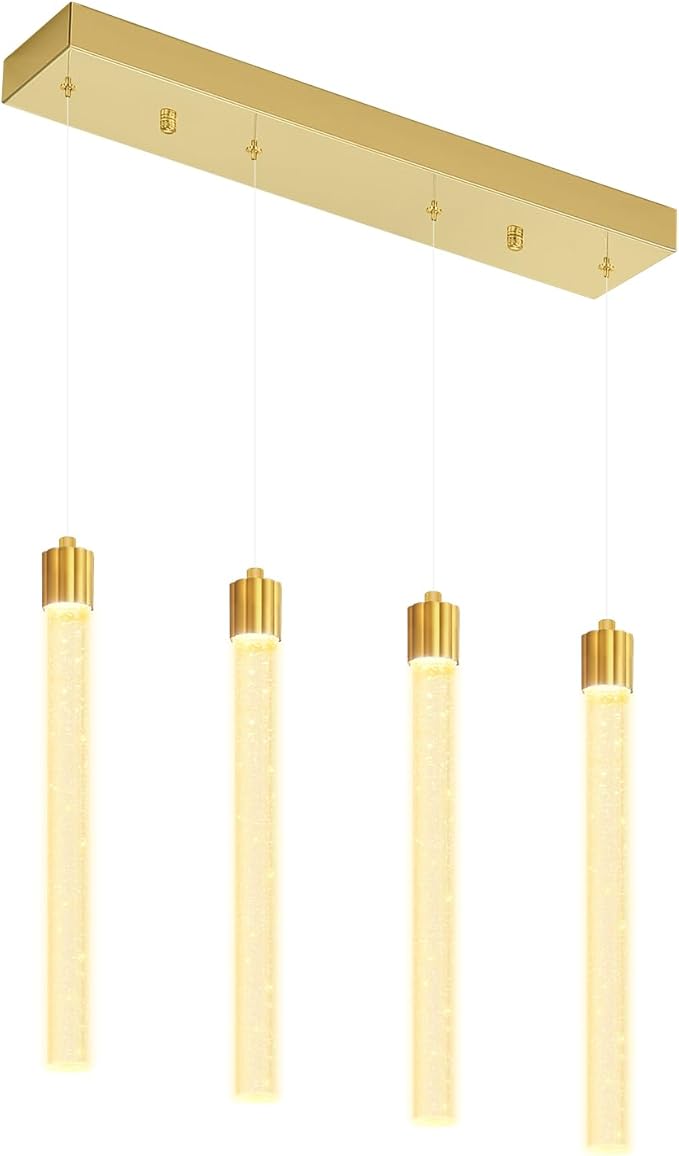 Modern Crystal Column Chandelier for Living Room Dining Room 4-Lights Gold Dimmable LED Adjustable Height Hanging Pendant Light for Kitchen Island,Bedroom,Over Table,