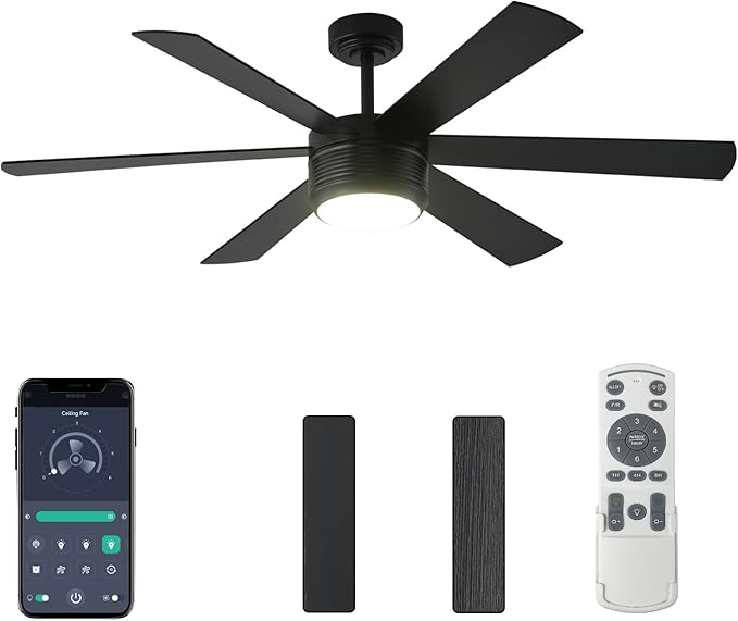 SHOWDI Ceiling Fan with Lights and Remote, 6 Blade App Control Timer Reversible Stepless Brightness and Color Temperature Outdoor Wood Ceiling Fan with Lights (Black, 56 Inch)