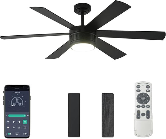 SHOWDI Ceiling Fan with Lights and Remote, 6 Blade App Control Timer Reversible Stepless Brightness and Color Temperature Outdoor Wood Ceiling Fan with Lights (Black, 56 Inch)
